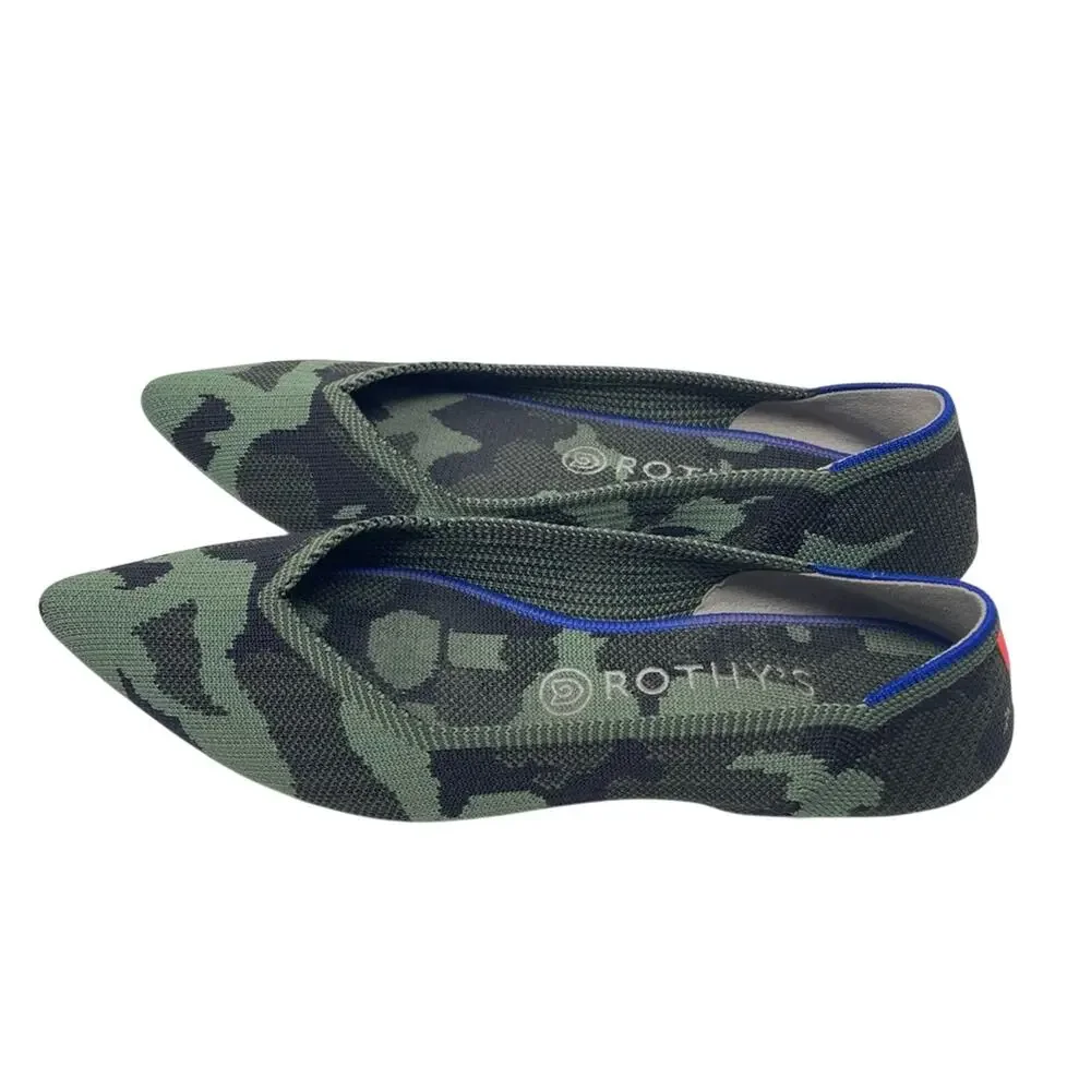 Rothy’s Camouflage Pointed Flats Olive Army Green Orange Knit Shoes 9.5